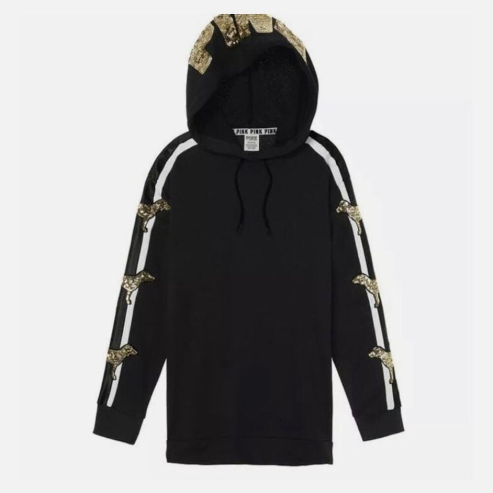 PINK Victoria's Secret Black Bling Campus Sequin Dog Hoodie